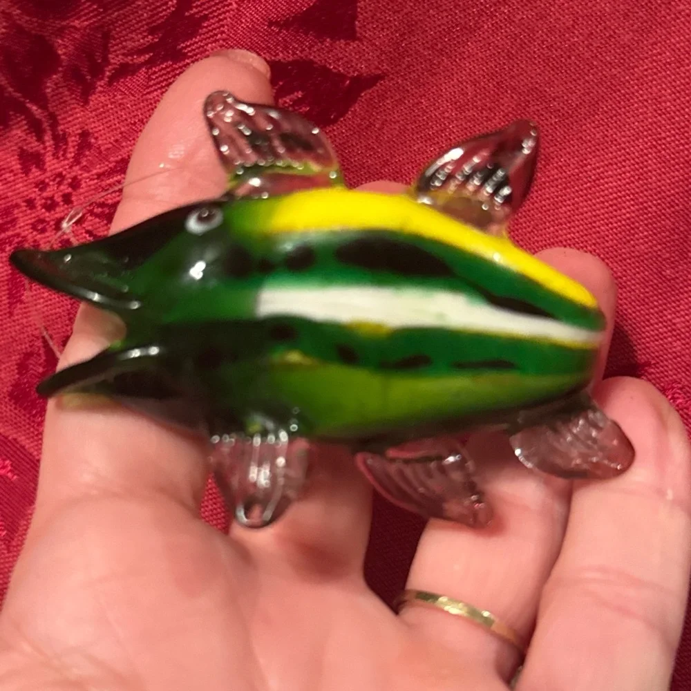Handcrafted Glass Fish Figurine Ornament- Green and Yellow